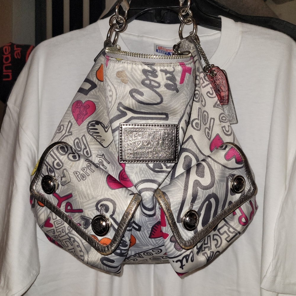 Coach Poppy Graffiti Hobo Bag Front Pocket 14636 Pink Silver Leather Satin DIRTY